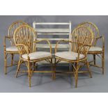 A white painted wooden fold-away bookcase, 28” wide; & a set of four wicker chairs.