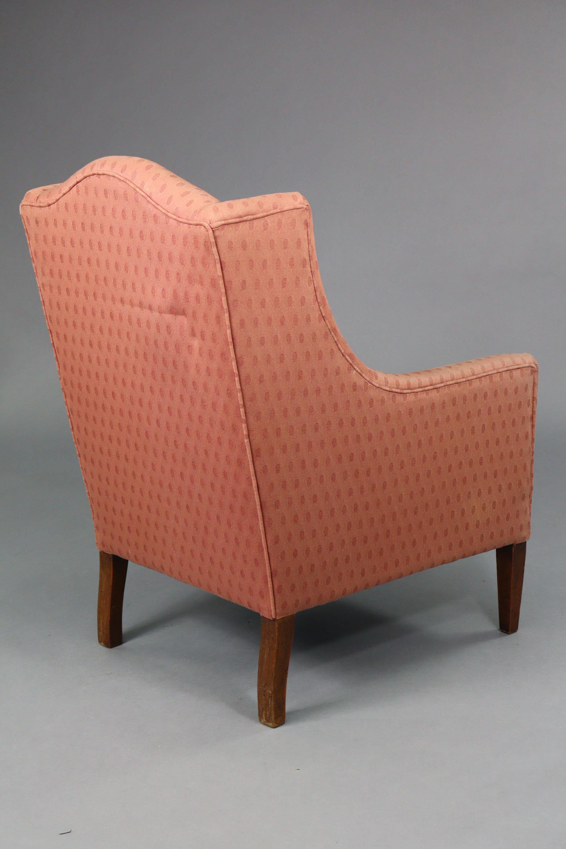 An Edwardian armchair with rounded back & sprung seat upholstered pink geometric material, & on - Image 3 of 3