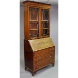 A 19th century inlaid-mahogany and satinwood cross-banded bureau bookcase the upper part with two