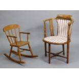 A child’s lath-back rocking chair with hard seat, on ring-turned supports, & an Edwardian tub-shaped