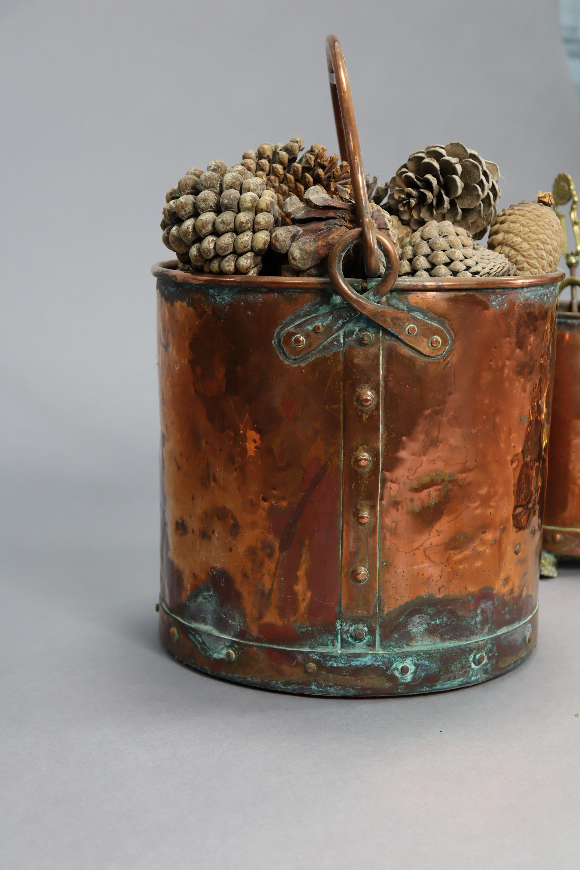 A copper cylindrical coal bucket, 11¾” high; a pair of copper candlesticks, 11” high; & various - Image 4 of 7