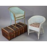 Two painted loom chairs; & a fibre-covered travelling trunk.