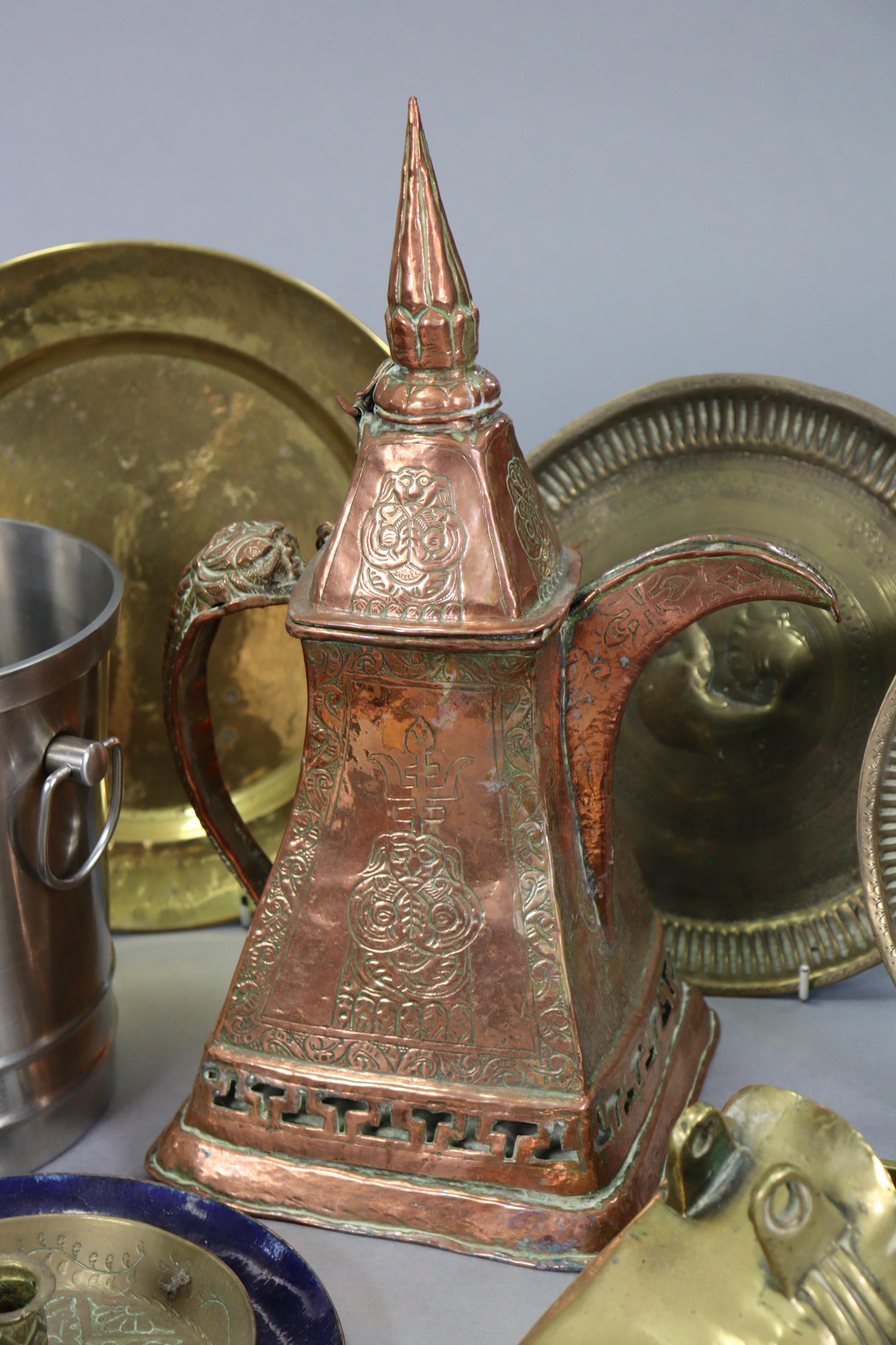 A copper cylindrical coal bucket, 11¾” high; a pair of copper candlesticks, 11” high; & various - Image 6 of 7