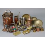 A copper cylindrical coal bucket, 11¾” high; a pair of copper candlesticks, 11” high; & various