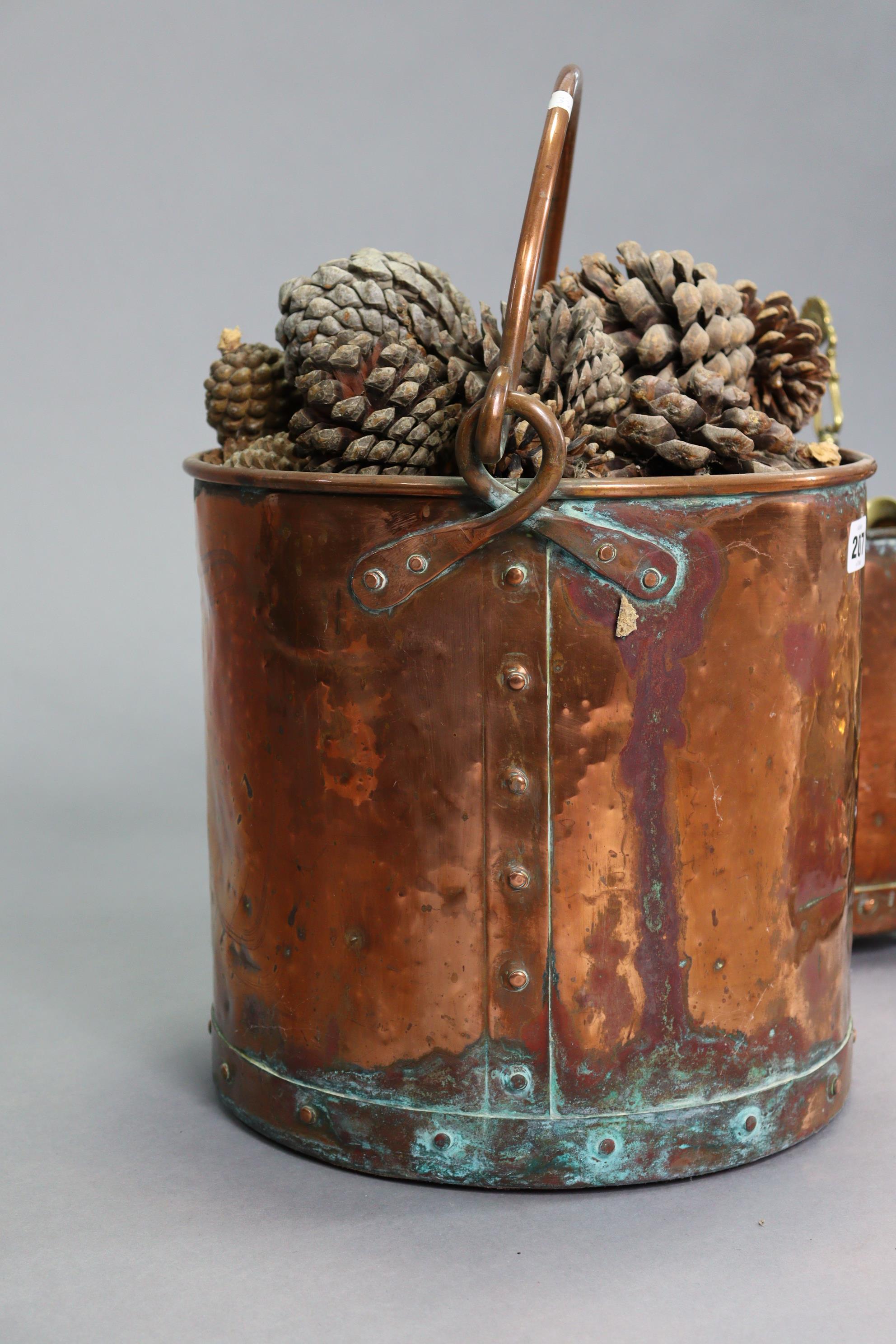 A copper cylindrical coal bucket, 11¾” high; a pair of copper candlesticks, 11” high; & various - Image 3 of 7