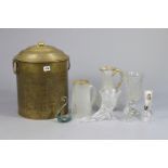 A brass engraved cylindrical coal bucket, 15” high; together with various items of glassware.