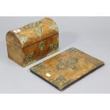 A Victorian burr-walnut dome-top stationery box with pierced brass mounts, 9¼” wide x 6½” high; &