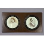 A pair of Edwardian male & female photograph portrait studies (circular), 4” diam., displayed in one