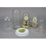 Two 800-day mantel clocks each under a glass dome dust shade; & six various glass domed dust