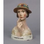 A painted composition shop’s display model “Christy’s Hats” 11½” high.