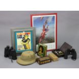 An ebony & porcupine quill trinket box, 7” wide; two pairs of binoculars; an advertising tin, etc.