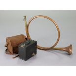 A copper & brass hunting horn, 22” long; & a Kodak Brownie “No. 2A” box camera, with case.