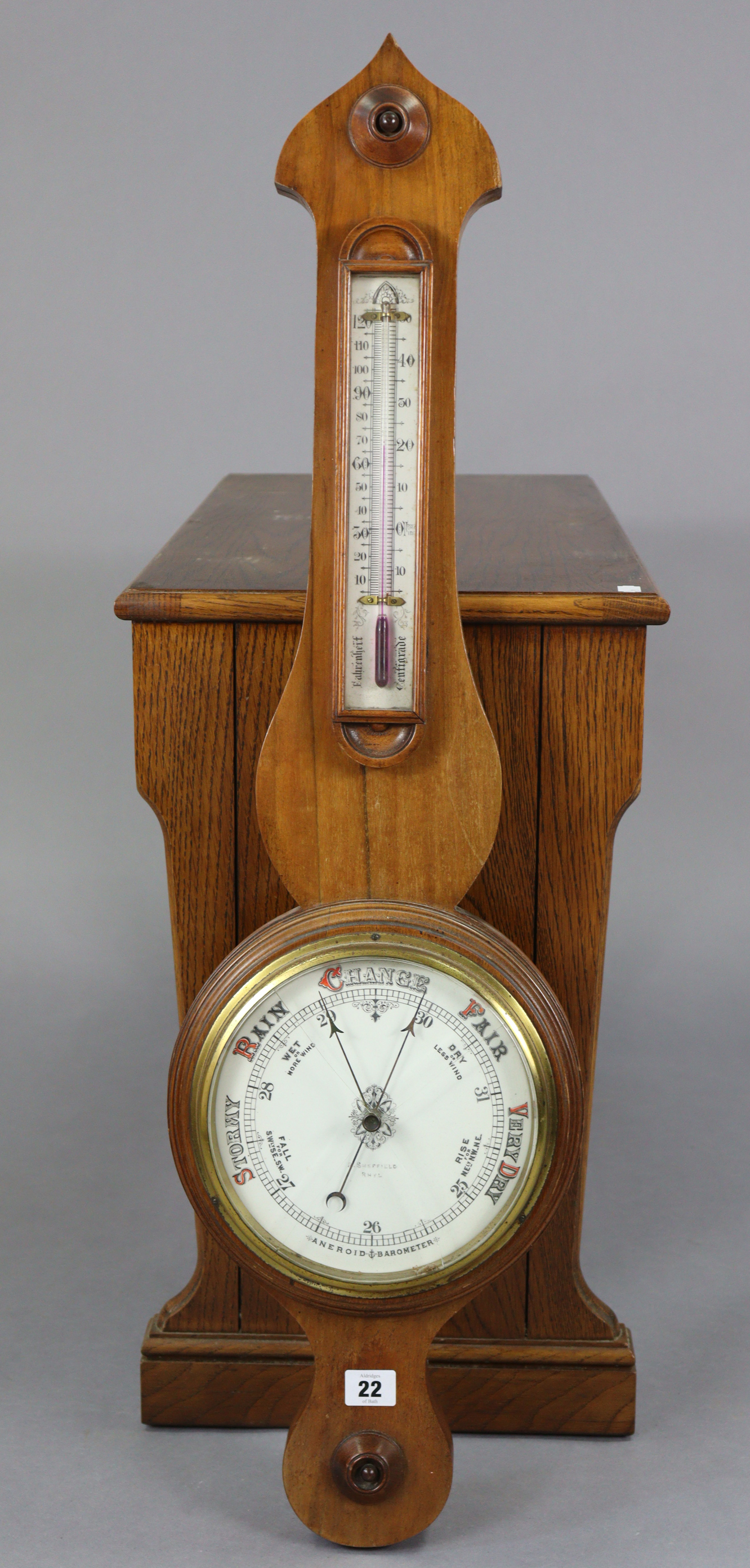 A banjo barometer with a white enamel dial, & in mahogany case (slight faults), 36” high.