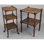 A mahogany square two-tier whatnot on turned supports, 18” wide x 27” high; & an oak square three-