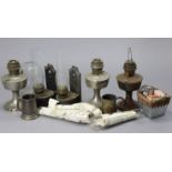 Five various oil lamps; two plated tankards; & various items of glassware, part w.a.f.