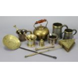 Two vintage pewter measures; three brass pestle & mortars; & various other items of metalware.
