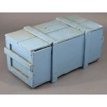 A pale blue painted deal storage trunk with a hinged lift-lid, 27½” wide; & a white painted pine