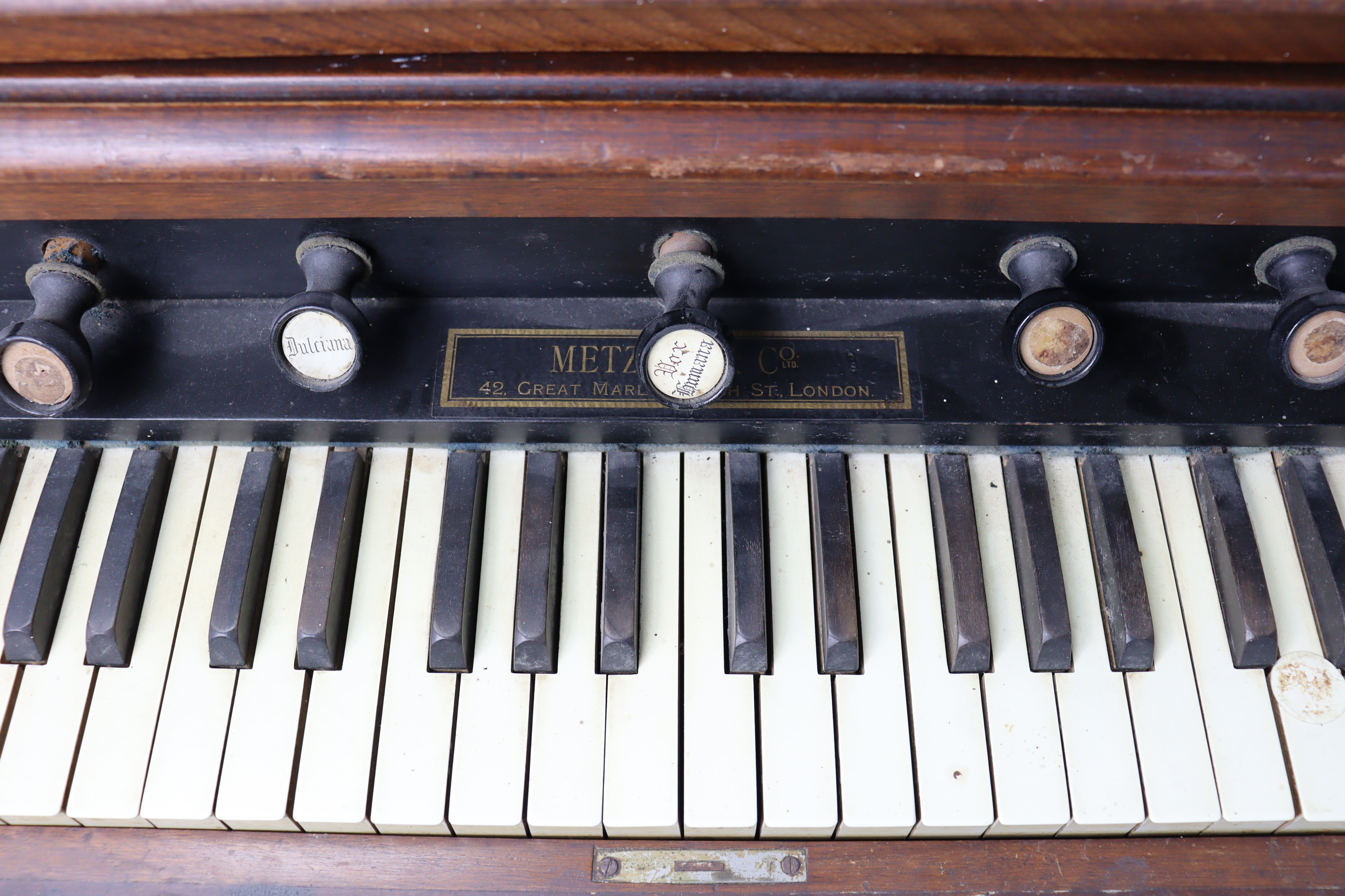 A vintage harmonium by Metzler & Co. of London in a walnut case, 41” wide x 37½” high. - Image 2 of 4