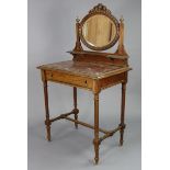 A continental-style small beech marble-top dressing table with an oval swing mirror to the stage