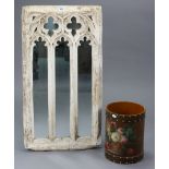 A gothic-style arched rectangular wall mirror in plaster frame, 33” x 17”; together with a brass-