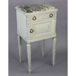 A continental-style light grey painted wooden marble-top bedside cabinet fitted frieze drawer