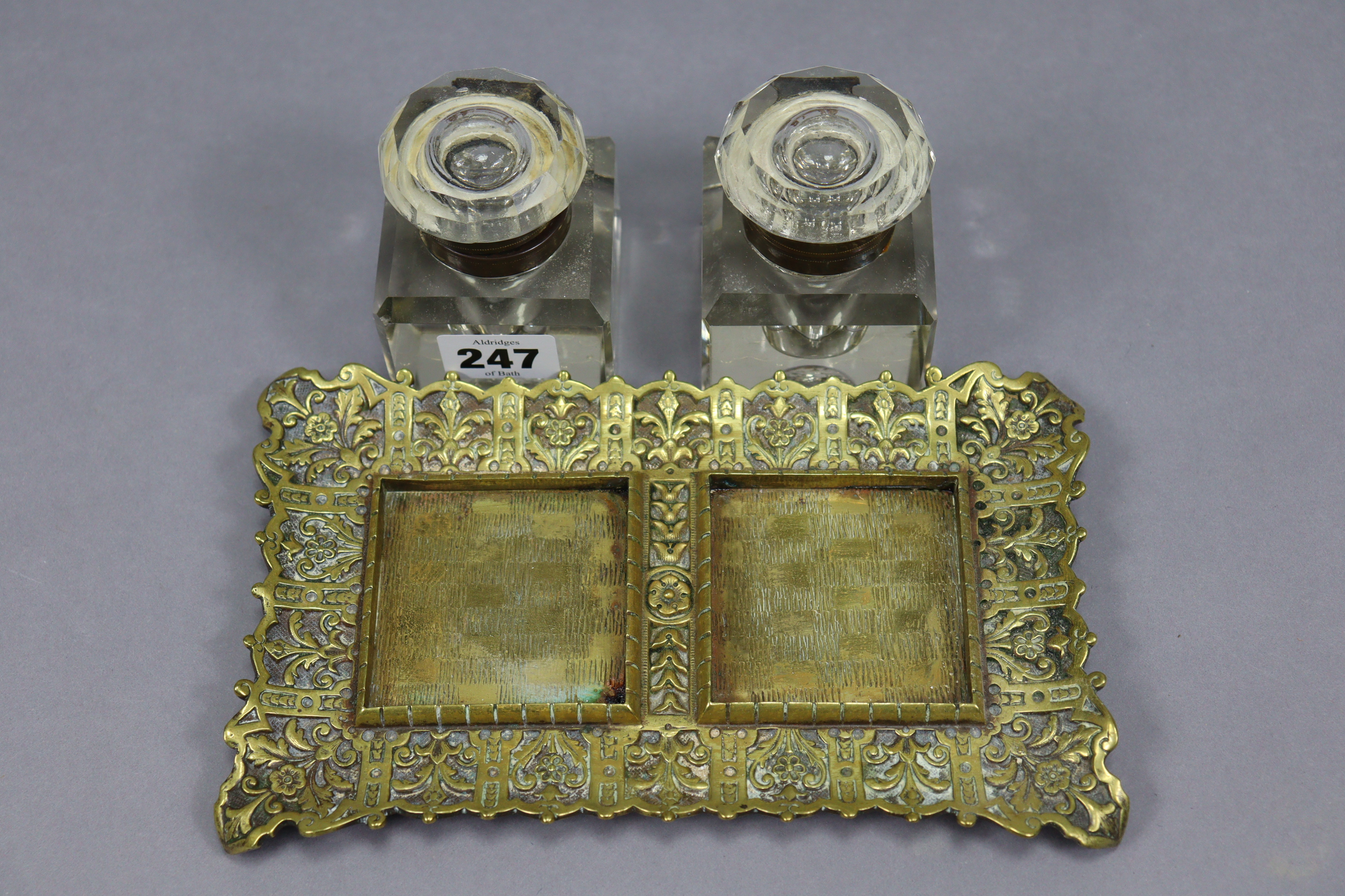 A Victorian brass desk inkstand inset two glass inkwells, 8¾” wide; & a "Betjemen's Patent Self-Clos - Image 2 of 6