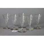 A set of six early 19th century wine glasses, each with fluted bowl & on round pedestal foot, 4¾”