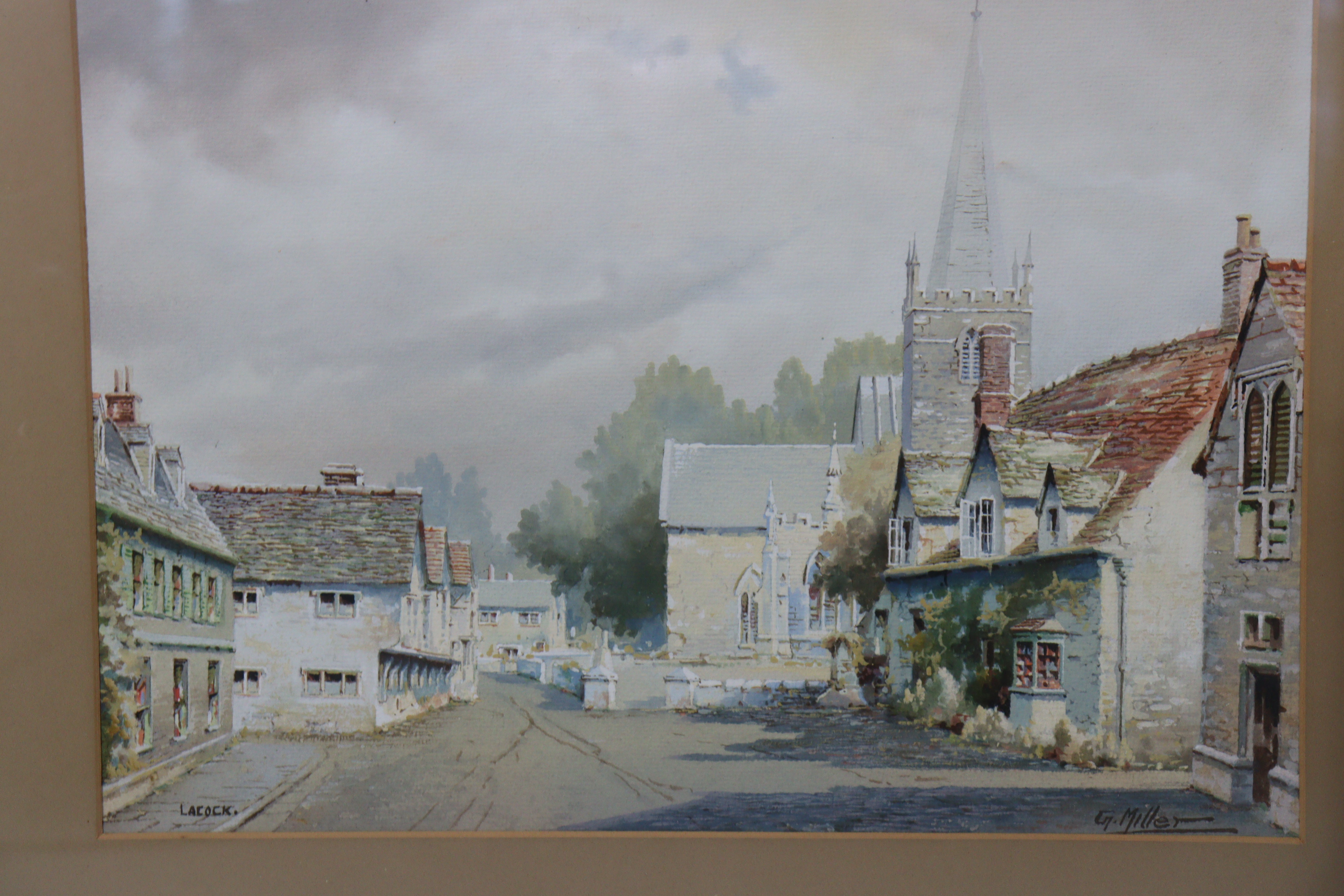 A watercolour painting by G. Miller – Lacock high street, signed, 9¾” x 14”; together with three - Image 2 of 3