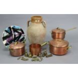 Four copper saucepans; a pottery urn, 18½” high; & a pottery dish, 13¾” diam.