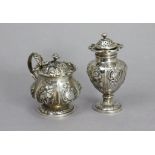 A William IV silver mustard pot & matching pepper pot, both of hexagonal baluster form, embossed