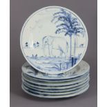 ISIS CERAMICS; Eight late 20th century blue & white Delft-style ‘Exotic Animal’ plated made for