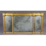 A regency gilt gesso frame triple panel overmantel mirror with fluted half-round pilasters &