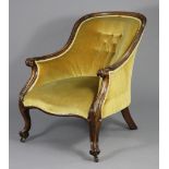 A Victorian mahogany frame easy chair with padded seat & buttoned back upholstered gold velour,