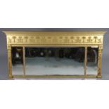 A regency-style giltwood triple-panel rectangular over-mantel mirror with half-round fluted