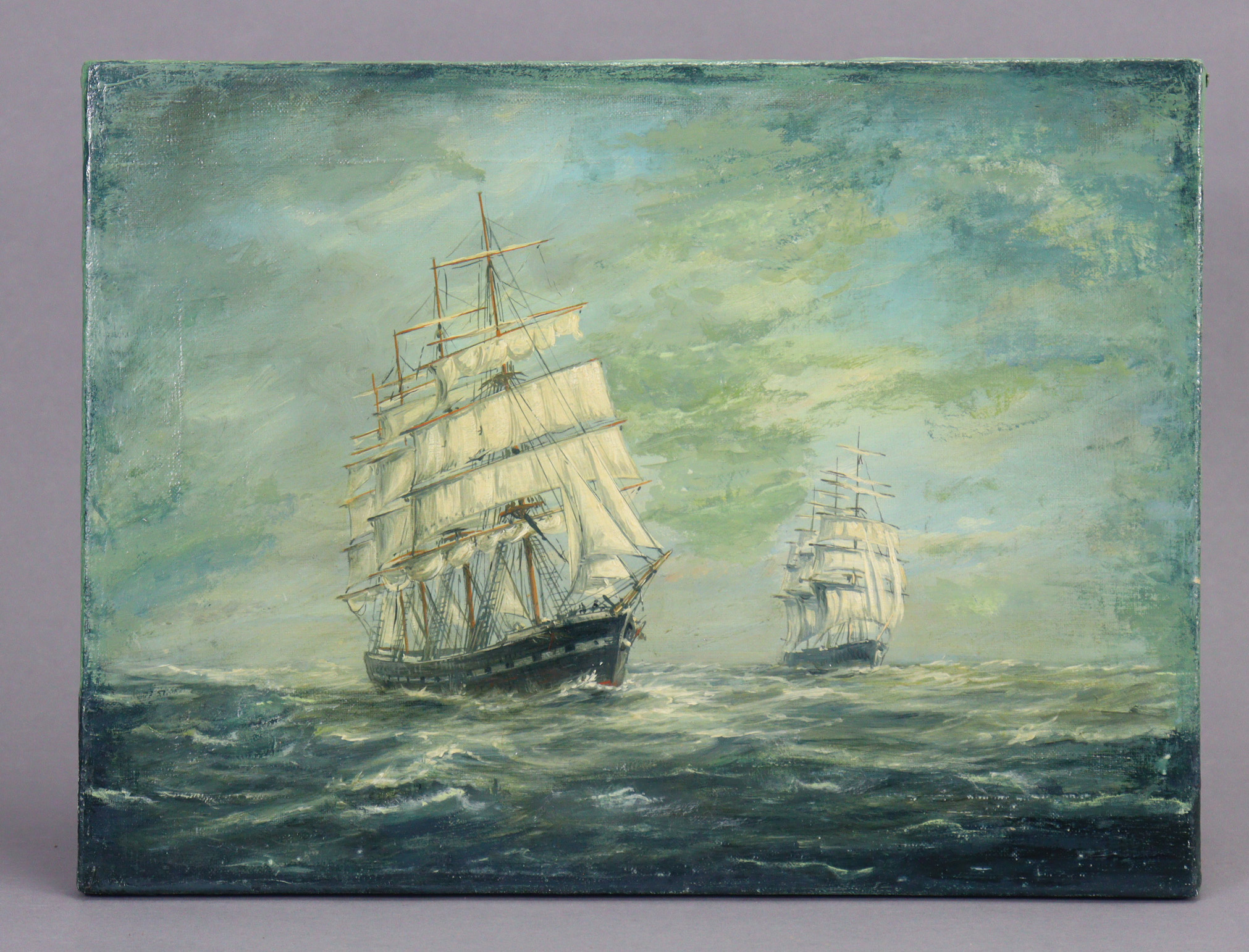 ENGLISH SCHOOL, late 19th/early 20th century. Two Merchant ships in rough seas; unsigned, oil on