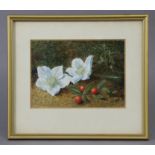 ENGLISH SCHOOL, 19th century. Still life study of flowers & fruit, signed with initials E. F. W. &
