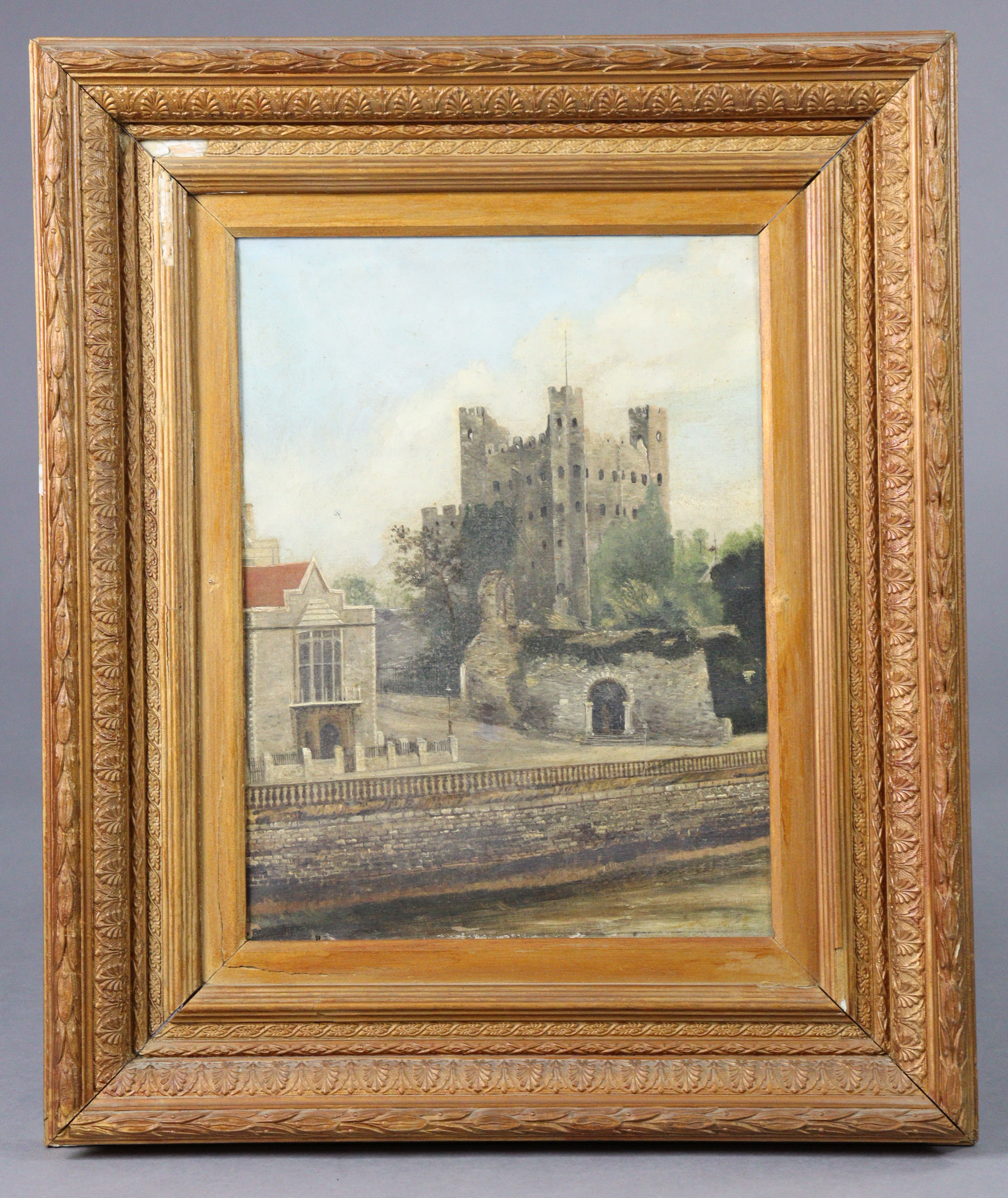 ENGLISH SCHOOL, 19th century. A view of Rochester Castle. Oil on canvas: 16” x 12”, in giltwood &