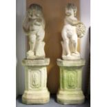 A pair of cast stone garden statues of putti, emblematic of Autumn & Winter, each on pedestal