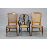 A pair of beech frame bedroom chairs with cane seats & backs on turned splay legs, and a small Winds
