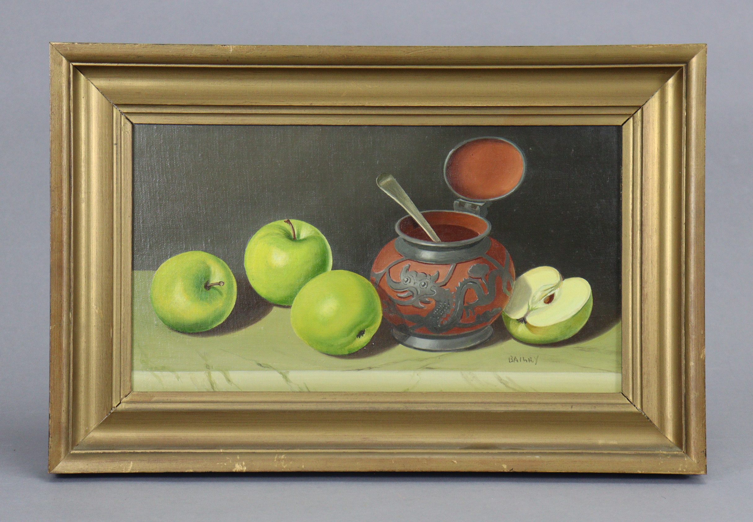 GEORGE J. BAILEY (20th century). Still life of apples & a sugar pot, signed “Bailey” lower right,