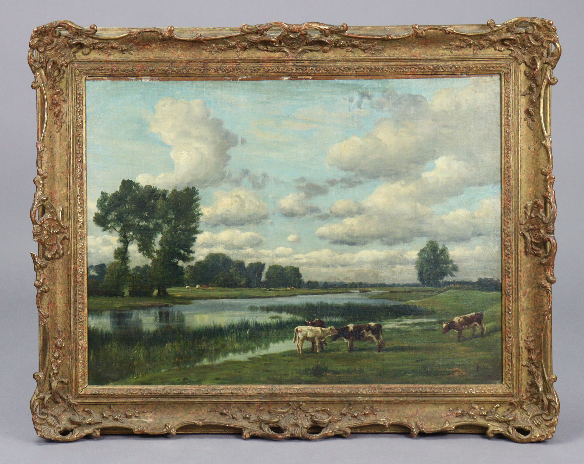 ENGLISH SCHOOL, 19th century. An extensive river landscape with cattle watering, signed with