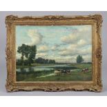 ENGLISH SCHOOL, 19th century. An extensive river landscape with cattle watering, signed with