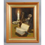 GEORGE J. BAILEY (20TH CENTURY). Still life of an open book, brass candlestick, pewter carafe, &