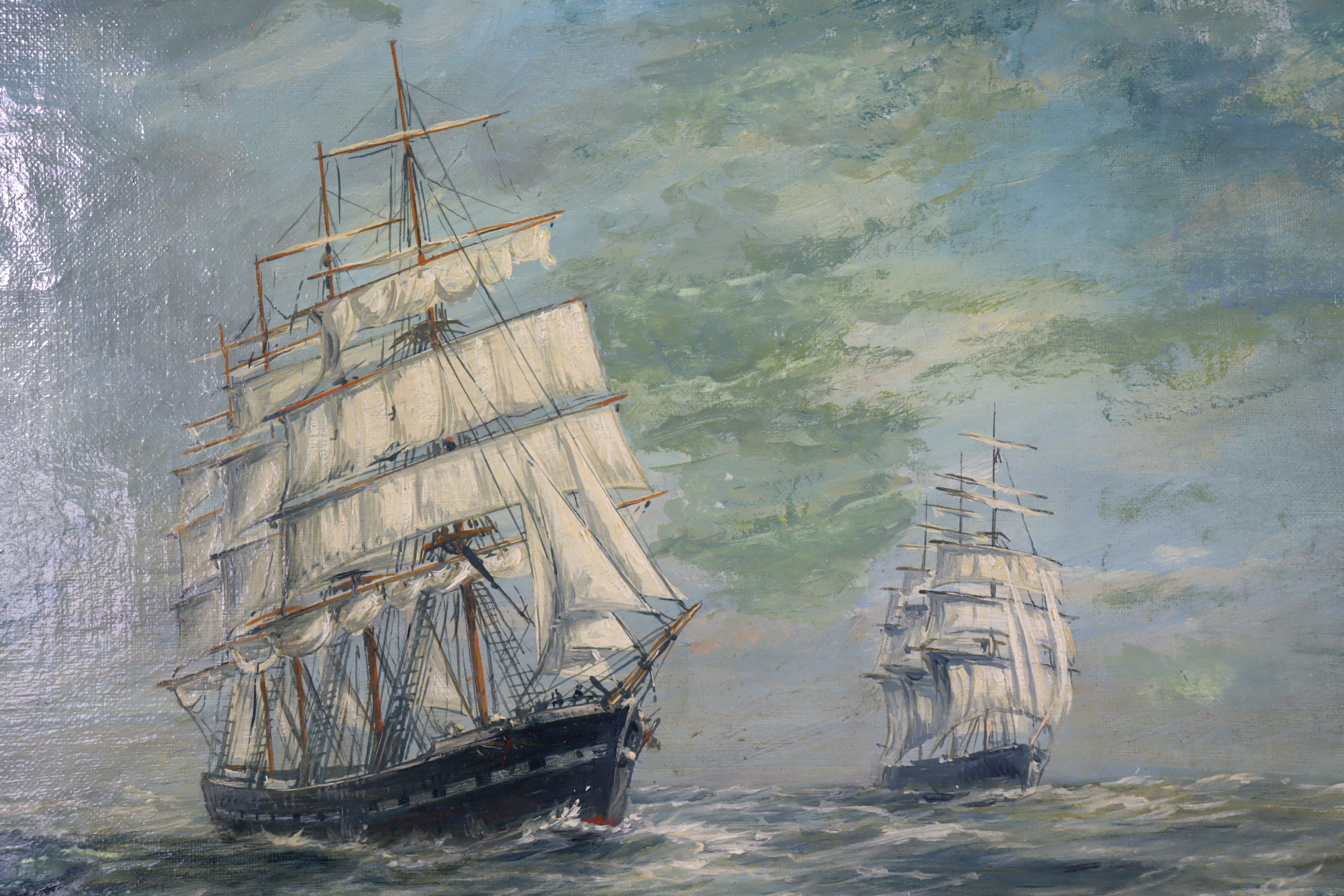 ENGLISH SCHOOL, late 19th/early 20th century. Two Merchant ships in rough seas; unsigned, oil on - Image 2 of 3