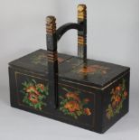 An Indian polychrome decorated rectangular box with overhang handle & two removable lids, 15½”