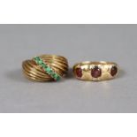 A 9ct gold dress ring set numerous small turquoise beads, 4.9g, size L; and another set three