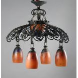 A 1920’s DAUM NANCY CHANDELIER the five coloured glass ovoid shades signed “DAUM NANCY FRANCE”