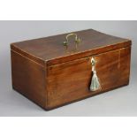 A George III mahogany travelling case with brass swan-neck handle to the hinged lid, fitted four