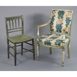 A regency-style painted elbow chair with square padded back & seat upholstered floral silk, open