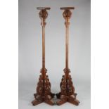 A PAIR OF CHINESE HUANG HUALI JARDINIERE STANDS/TORCHERES, each on square column with hexagonal